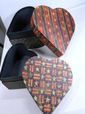 Patriotic (2) Heart Shaped Bob's Boxes warm colors Antique Look flag